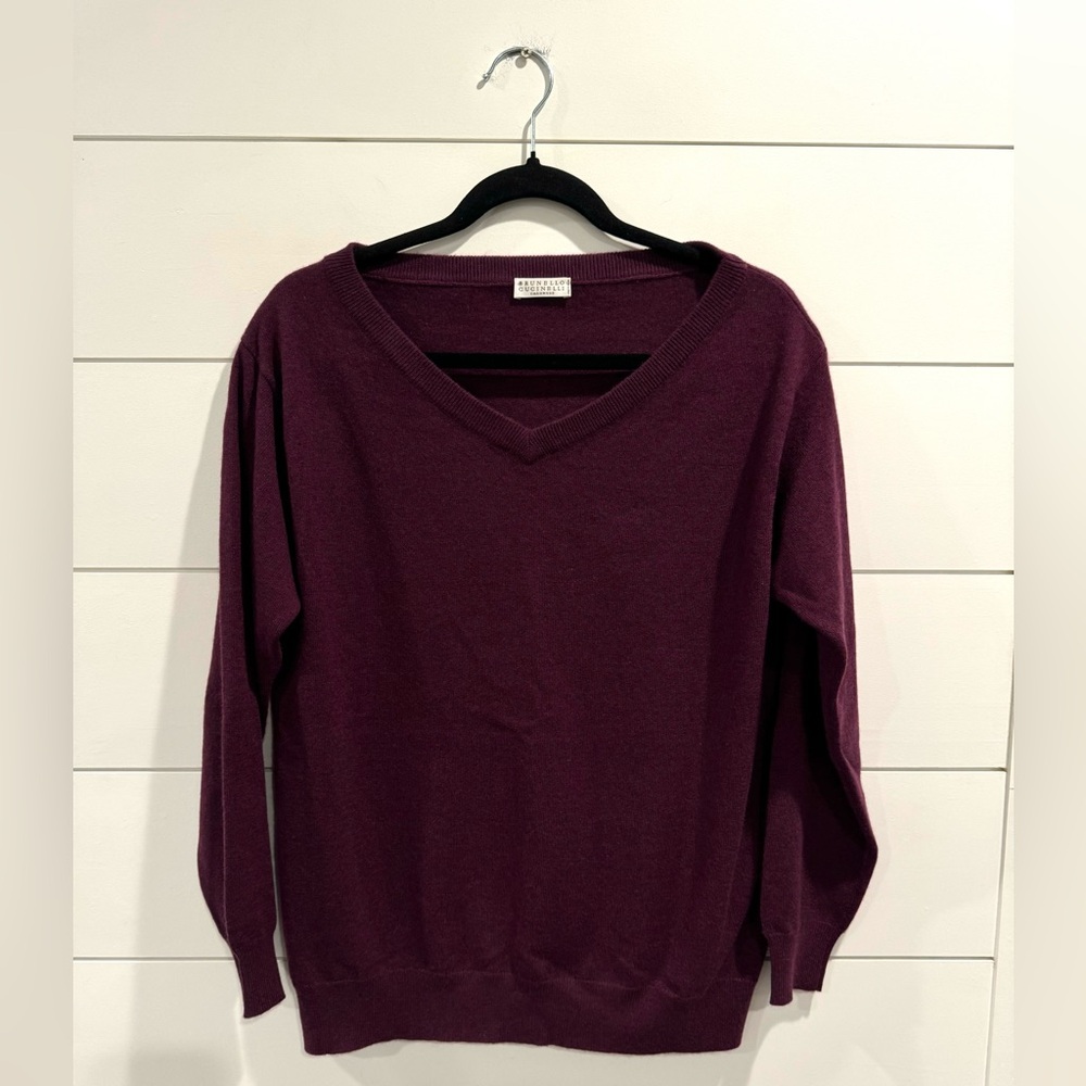 Brunello Cucinelli purple v neck monili cashmere sweater
